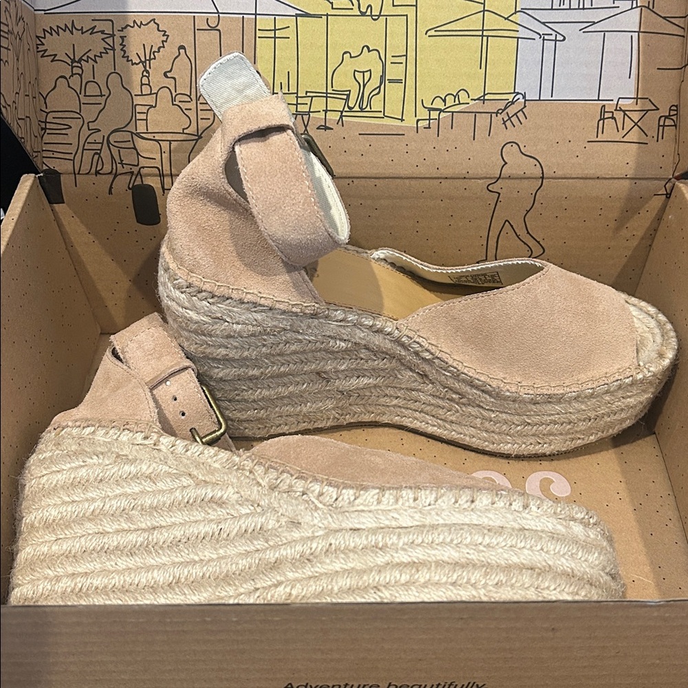 Beige Suede Platform Wedge Sandals, NEW in box